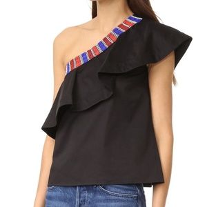 SALONI Black One-Shoulder Sweater with Multicolor Trim